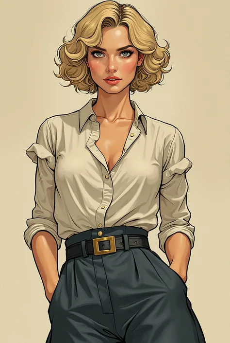  Female action movie actress, empowered,  short hair, light and wavy blonds, violet eyes,  thin nose and pink mouth . thin, tall with thin waist , Wear pants , London 1920 clothes. comics,  Illustration .