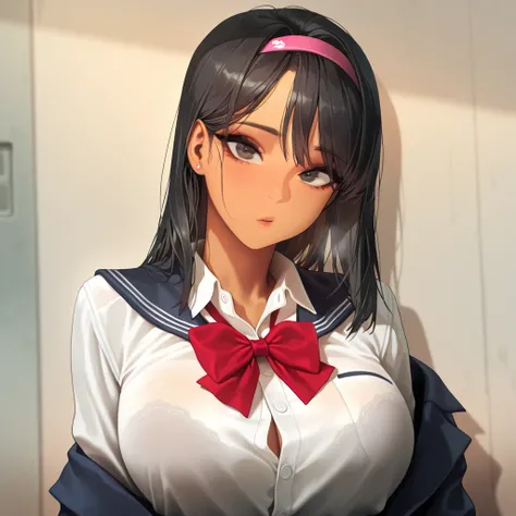 masterpiece, best quality, amazing quality, 1girl, breasts, solo, school uniform, popular girl, korean, gyaru, black hair, hairband, hair swept back, calm, dismissive , looking at viewer