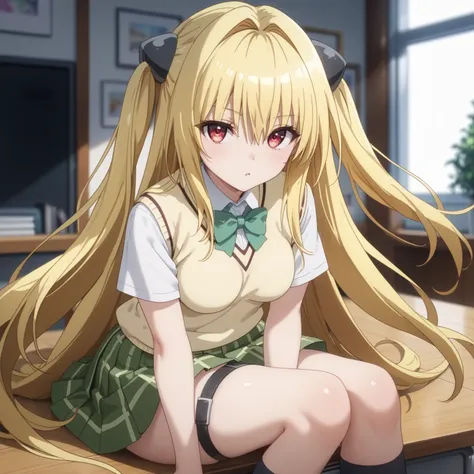 Konjiki no Yami, very long hair,blonde hair,two side up,hair ornament,hair intakes,hair between eyes,bangs,red eyes, school uniform,sweater vest,yellow vest,white shirt,collared shirt,green bowtie,short sleeves,medium breasts,miniskirt,green skirt,plaid sk...