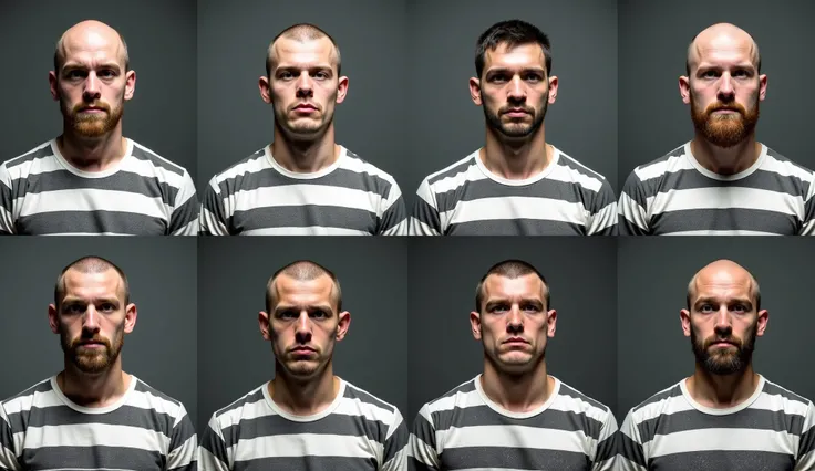 grid of 8 mugshots of very very different male convicts, all in tshirts with wide horizontal black and white prisonstripes, very very different male faces, all aged around 18, all bald, most unshaved or with a short beard, very dark and plain grey backgrou...