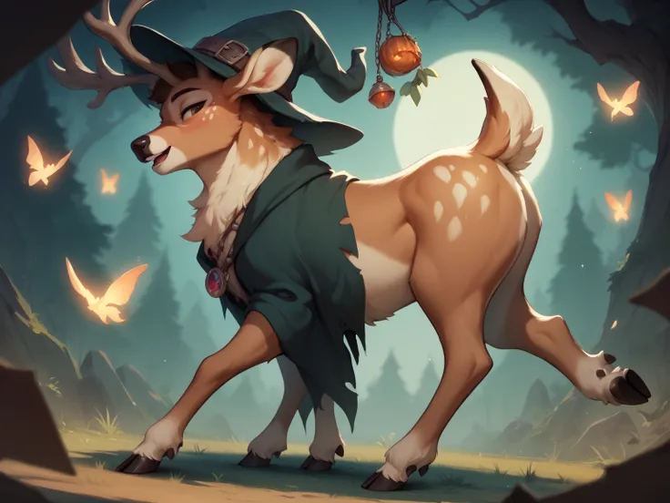 a sexy witch casts a spell to transform a male hunter into a female deer