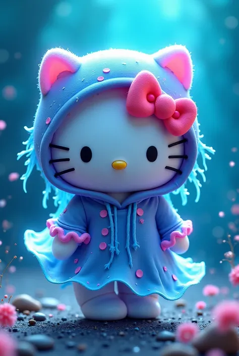 Hello kitty com capuz de jelly fish em tons azuis 