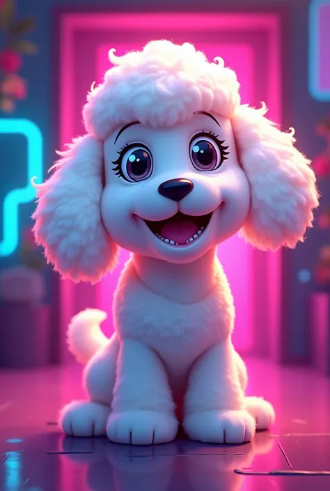 Create a 2d neon cartoon image of a furry Maltese poodle dog