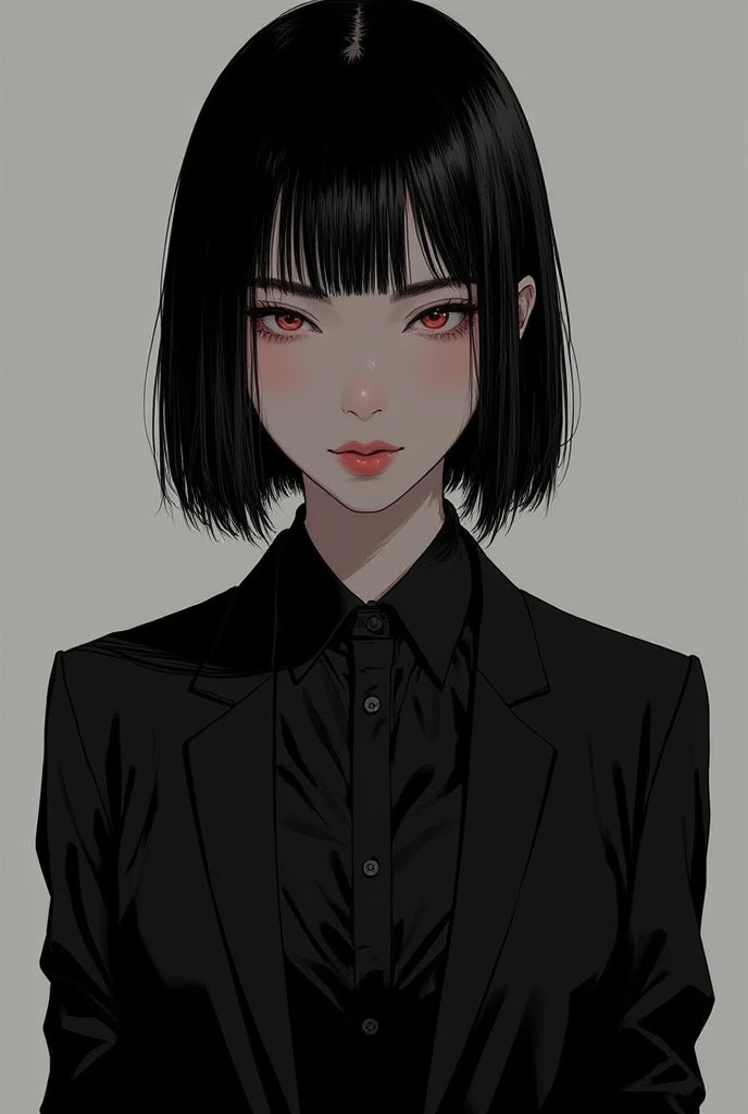 A woman with big black hair, She is a Japanese, She wears a modern black suit and a black shirt she is very pretty ,2D art , ala and a murderer, And there's a married look, She's as pretty as Tomie.