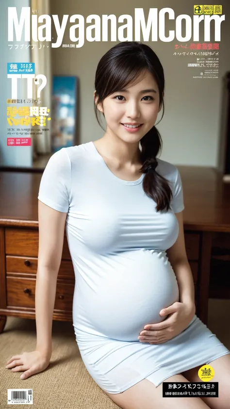 (Masterpiece,High Quality),(clear shots) ,  Japanese ,Woman, short ponytail hairstyles ,(huge breasts),(huge pregnant),(looking at the front), wallpaper, sweet smile, cat lover, wearing T shirt and pencil skirt, sitting beside a cat, magazine cover page, f...