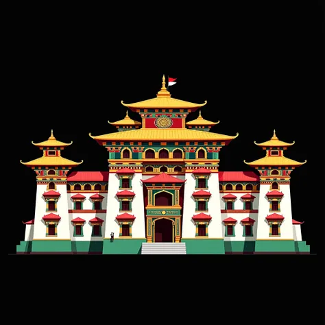 A full front-facing view of a traditional Himalayan monastery building, inspired by the vibrant architecture of Himachal Pradesh. The monastery is symmetrical, centred in the frame, with no parts cut off. It features intricate carvings, golden rooftops, an...