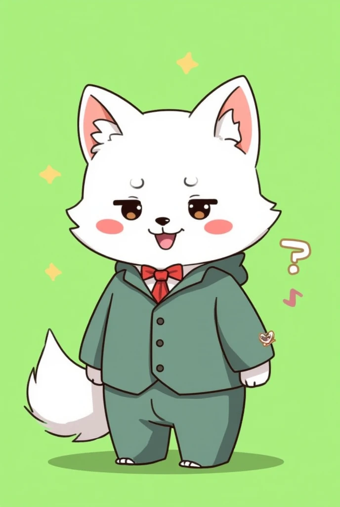 full body, a green background, a monster of white dog, suit, animal, chibi-style , boy, Cute Shiba Inu anthropomorphized
