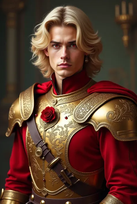 A handsome prince with wavy blond hair,  red eyes,  fair skin ,  red clothes ,  gold armor , gold and ruby swords, Rose-shaped necklace, cavalo branco e  gold armor ,  take a serious look, Face redefining, straight posture,