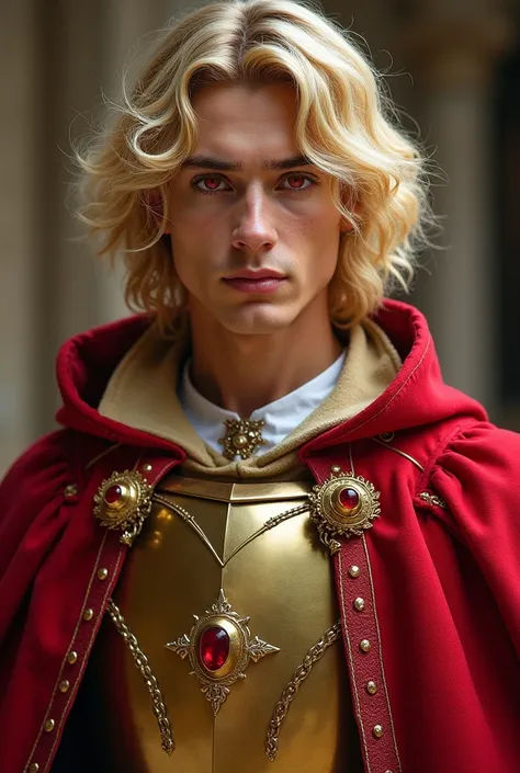 A handsome prince with wavy blond hair,  red eyes,  fair skin ,  red clothes ,  gold armor , gold and ruby swords, Rose-shaped necklace, cavalo branco e  gold armor ,  take a serious look, Face redefining, straight posture,