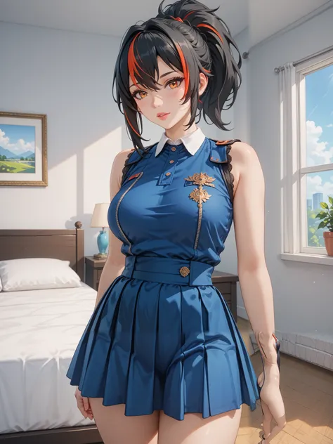 Masterpiece, extremely detailed,4k,solo, 1girl,zhu yuan,ponytail streaked hair, beauty anime face, full body, stand up,perfect slim body , bright body skin, thin lips,perfect slim body, very large breasts,black outfit,sexy skirt,,sleeveless, Front look, be...