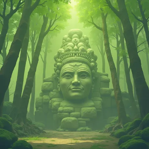 there is a large stone statue in the middle of a forest, stone eyes, unreal maya, cinematic imax footage, by Jang Seung-eop, Inca style, cybertronic Hindu temple, face close-up, playstation 3, autodesk, marvel movie still, tombs  