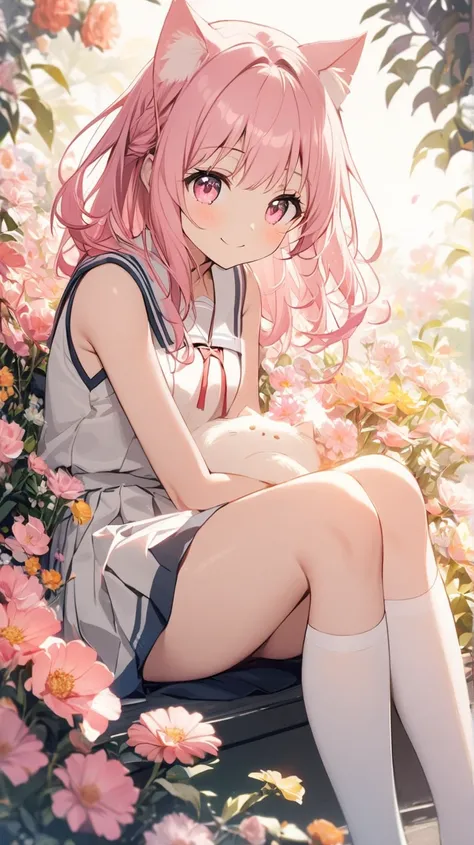  1 girl, Alone,   cute girl with pink hair ,  pink eye, background with lots of pretty flowers ,  Soft natural light , Cat ears,  sleeveless white cute school uniform、 have a smiling smile 、White knee socks