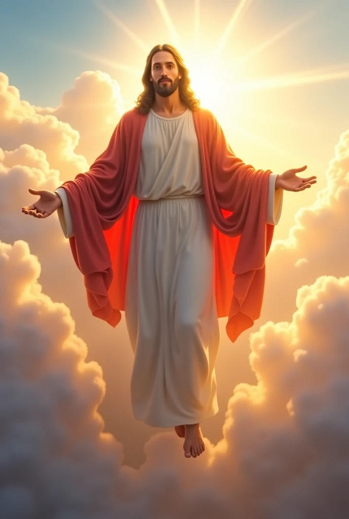 A super realistic image of Jesus Christ floating above the clouds in the sky, looking directly at the camera with a serene and authoritative expression, he is wearing a simple white robe and a red cloak that flows softly in the wind. The golden light of th...