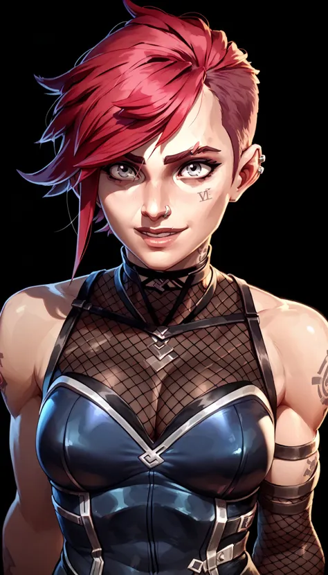one woman, vi, (grey eyes:1.2), short hair, red hair, (upper body:1.3), (black background, clear background:1.5), (studio lights, deep shadows:1.3), (very big chest, bare shoulders, slender body:1.3), (fishnet bodysuit:1.4), (happy face:1.2)