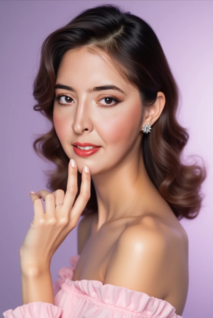 Create an image of an elegant woman with a radiant glow, smooth, well-cared-for skin, looking directly at the camera with confidence and grace. She should have a luminous complexion and a sophisticated appearance. The skin texture should be natural, with a...