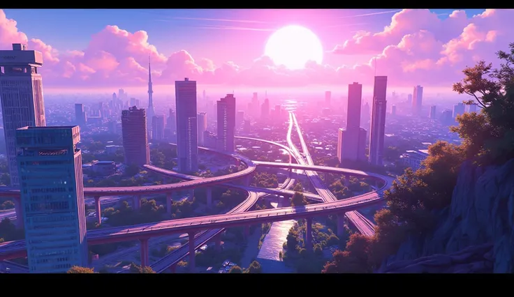 (( top quality、 greatest masterpiece in history、 Official Art、CG illustration))、( landscape illustration、 bright detailed animated illustration)、early morning、The sun shines in Tokyo、Building district