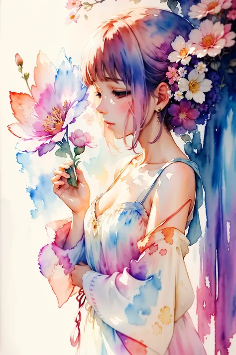 watercolor art, (watercolor painting: In this ethereal scenery, colorful flower), Dreams and reality are intertwined. The air is filled with the intoxicating fragrance of flowers, Exquisite perfume symphony. Flowers seem to release the soul, Their essence ...