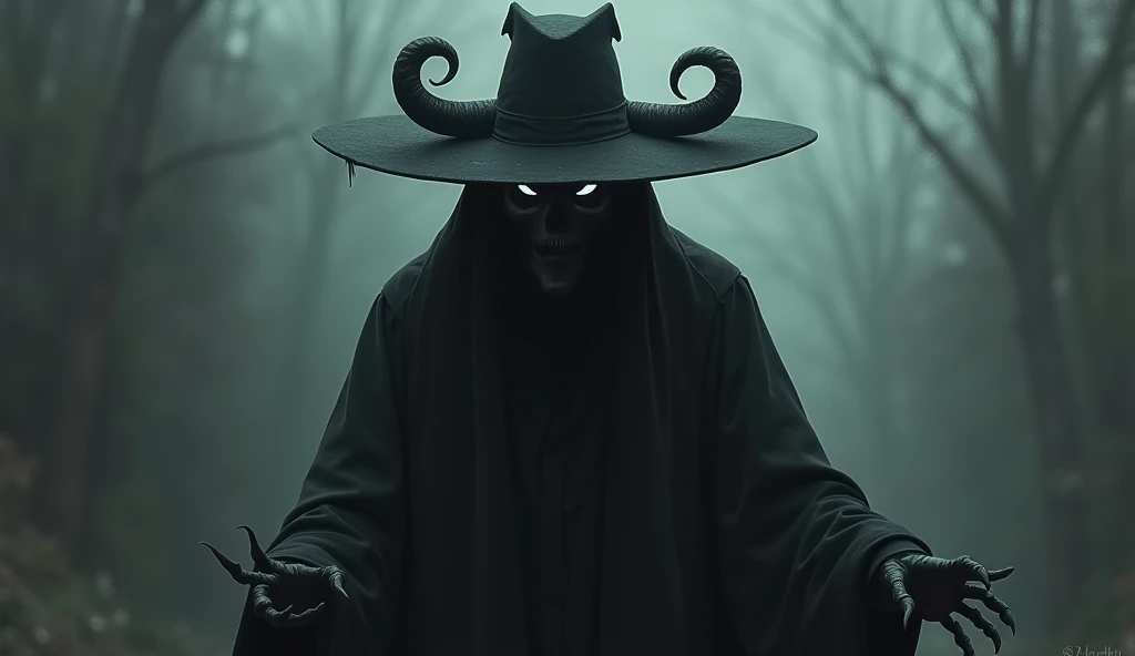 Create the image of the demon in the black hat, a realist and creepy image 