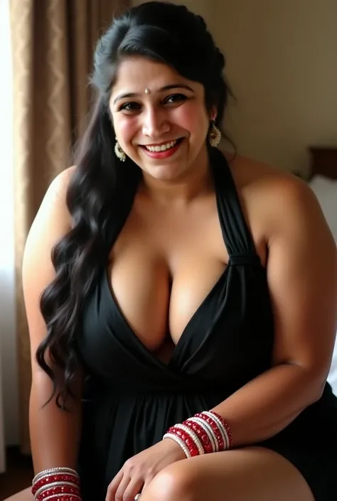 Indian beautiful woman sexy bhabhi with oily sweaty shiny detailed sparking wet skin, Red bindi on forehead,Heavy bridal makeup,very deep cleavage,curvy plus size model, wearing black self-design babydoll halter neck straight hem, Plenty red and white shin...