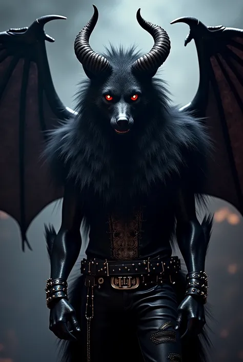 Long-haired kawaii wolf,  color black,  with demon wings and horns, dressed as a rockstar   