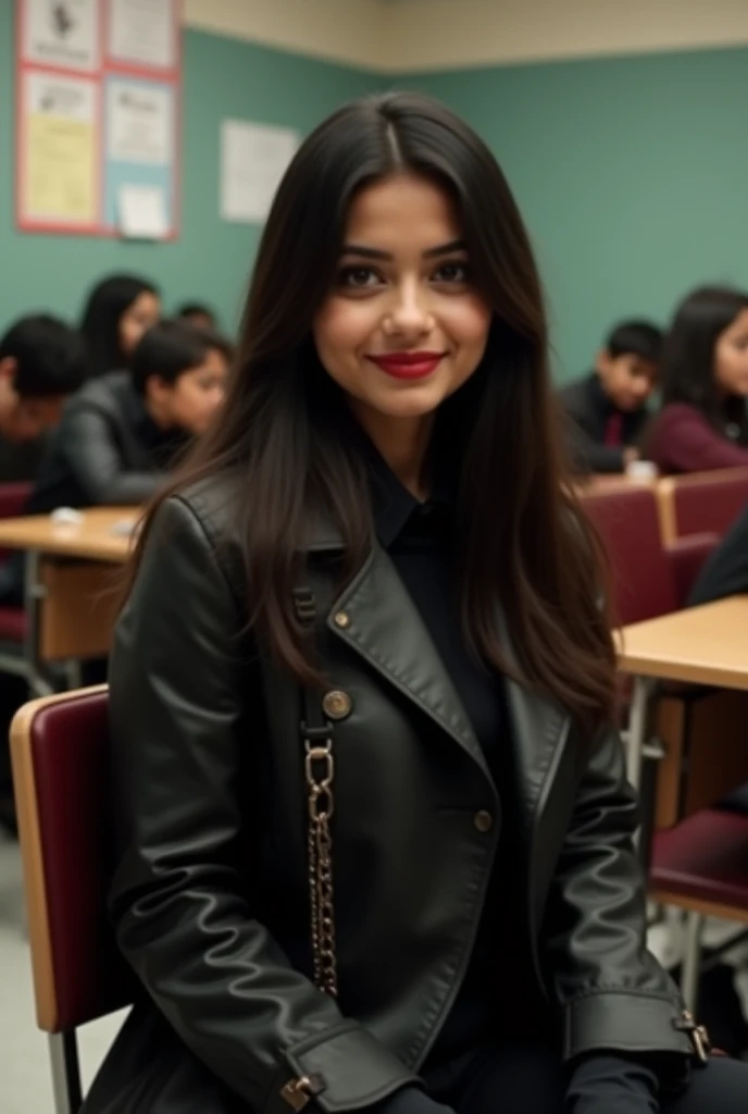 brown south asian bengali indian Pakistani girl her same age like high-schooler student black dark straight long hair leather trench coat close belt or button leather pants leather gloves wearing leather high heels boots wearing latex leather catsuit full ...