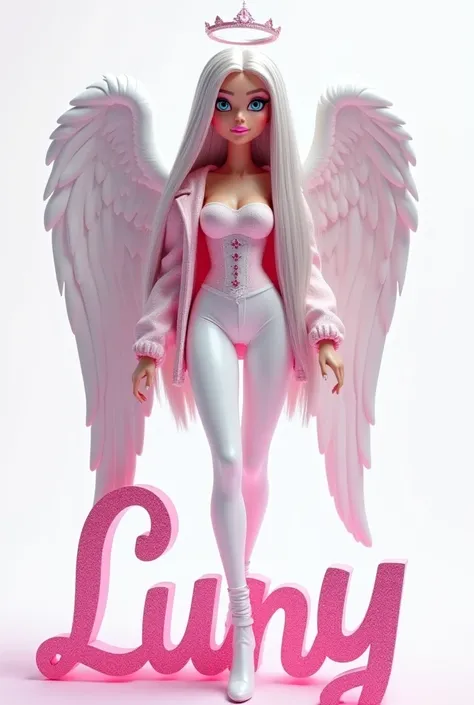 Render, tall brunette barbie style 3D angel, Long hair straigh half of hair white silver blonde glitter makeup glitter in her cheeks her lipstick glitterering pink so sparkles so glossy,gloss ,shimmer shining long flashes walking, silicone, arrogant, mean,...