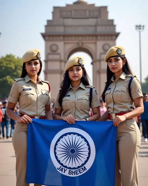 "Create a highly realistic image featuring three 23-year-old Indian girls wearing neat and professional Indian police uniforms, standing confidently in front of the Ambedkar Memorial in Lucknow. Each girl is holding a blue flag in one hand. The flag has a ...