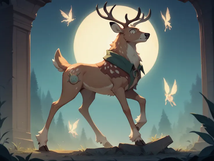 full-body shot of a sexy witch casts a spell to transform a male hunter into a female deer