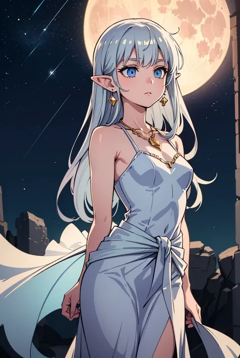  A graceful and elegant moon elf ,  with pale and soft skin that reflects an ethereal glow ,  almost as if under the moonlight .  Her long silver hair descends to the waist ,  intertwined with small shiny gems sparkle softly .  Her eyes are deep blue ,  li...