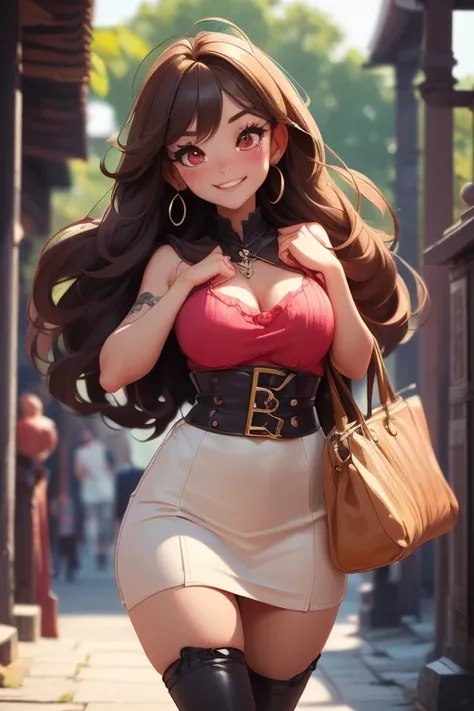 Perfect face. Perfect hands. A brown haired woman with red eyes with an hourglass figure in a Gothic explorer outfit is smiling while walking in ancient temple

