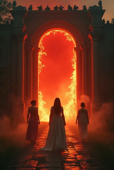  Scene 1 (5 seconds):
Imagine the gate of heaven is huge and surrounded by greenery on all sides and three women walk towards this gate and then this gate suddenly closes and with great acceleration the camera turns to the gate of hell, very red with tongu...