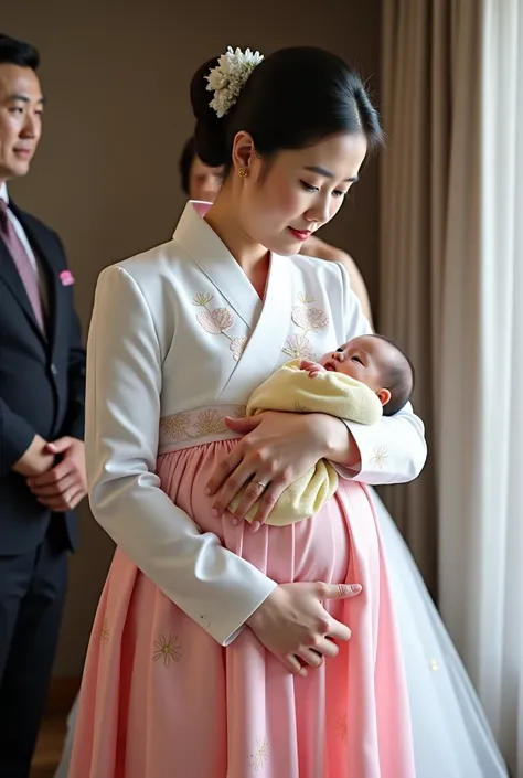 An elegant 40-year-old Korean pregnant woman wearing an authentic hanbok is holding her baby at the wedding hall.  sad expression,  I'm closing my eyes, A picture of a chubby pregnant woman in her 40s wearing an authentic hanbok at a wedding with a white c...