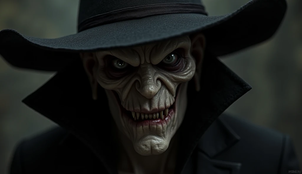 Create the image of the demon in the black hat: a realist and creepy image focusing on the face 