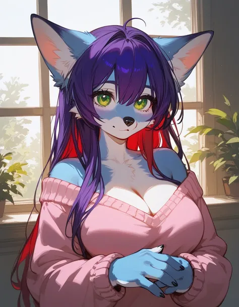 Solo, score_9,score_8_up,score_7_up, source_furry, an Anthro furry borzoi girl, female canine, long snout, black nose, tall and curvy, wear oversized pink sweater, cleavage window, long sleeves covering hands,  purple hair, red hair on the tips, body all l...