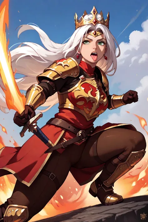 Fire Woman, very high,  with long white hair,  yellow eyes,  tongue , wearing golden armor, wearing a golden crown with red stones, (The woman is fighting with swords in a battle)