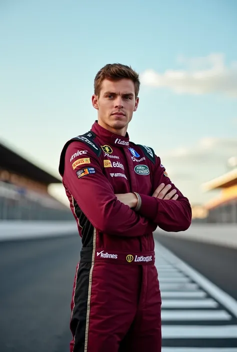 A young man, likely Caucasian and in his late s or early twenties, stands on a racetrack. He is positioned in the mid-left portion of the image, facing the viewer directly.  The subject is wearing a racing suit in maroon and black.  The suit appears form-f...