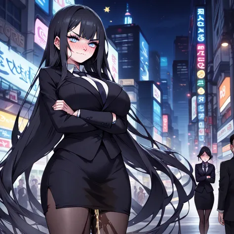 1girl, woman, (wetting self:1.75), desperation, (very long hair:1.5), straight hair, medium bangs, huge breasts, black hair, blue eyes, (black business suit:1.5), necktie, long pencil skirt, pantyhose, (blushing:1.5), aroused, orgasm, smirk, wavy mouth, tr...