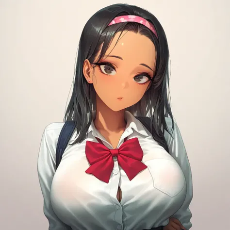 masterpiece, best quality, amazing quality, 1girl, breasts, solo, school uniform, popular girl, korean, gyaru, black hair, hairband, no hair infront of forehead, calm, dismissive, looking at viewer