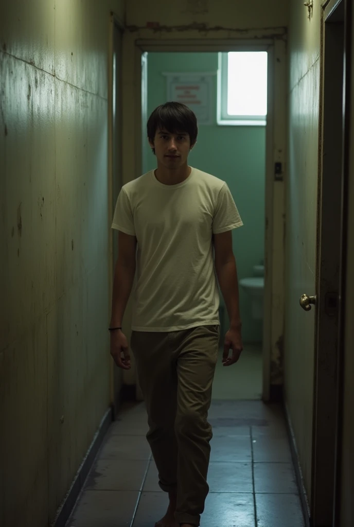  A narrow hallway with faded walls and worn tiled floors .  A young man with a slightly lazy expression walks past it, wearing a t-shirt and trousers .  The bathroom door is visible at the end of the hallway ,  with a faint light from a small window .