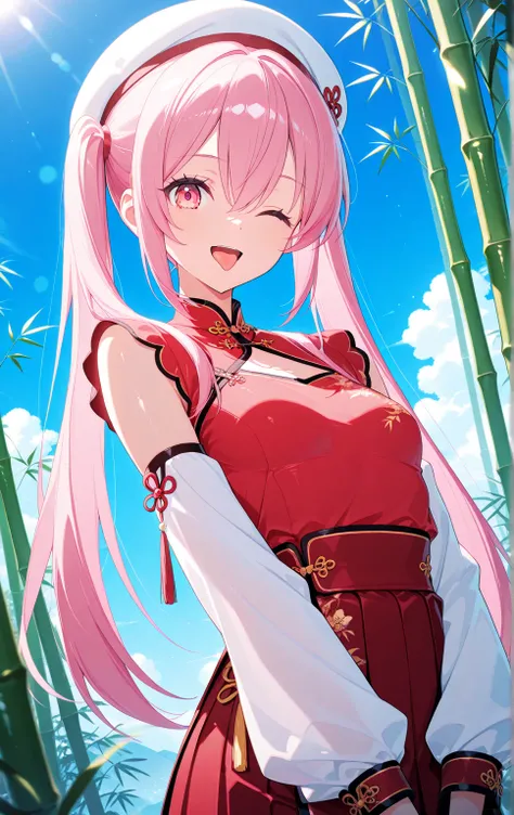 1girl, solo, pink eyes, pink hair, long hair, hair between eyes, very detailed expressive eyes, aesthetic eyes, bright eyes, beautifully styled hair, lush twintails, lush hair, high twintails,  smile, open mouth, tongue, tongue out,detailed mouth,clear mou...