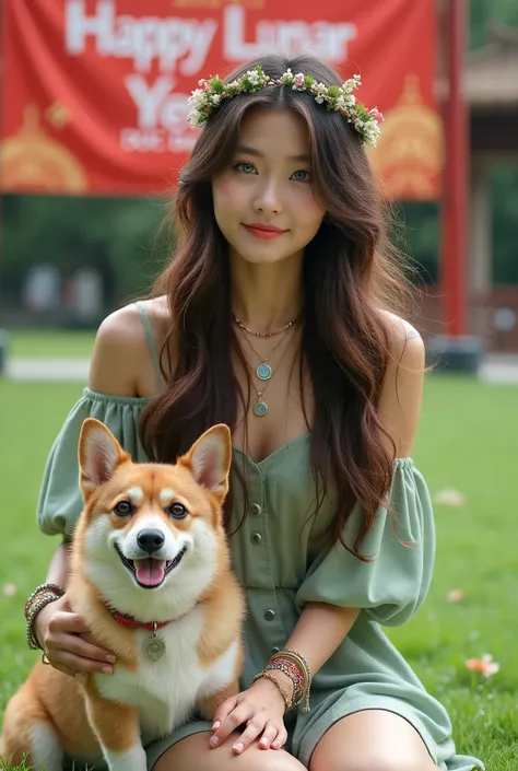 Create an image of a sexiest young woman with long, wavy hair wearing a delicate floral crown and full gems. She’s holding a corgi dog and seat on grass of park of Duc Ba Church with big banner " Happy Lunar New Year 2025" very clearly, which has striking ...