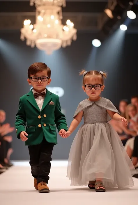 "A baby boy and a baby girl walking gracefully on a VIP-themed runway. The boy is wearing a stylish emerald green blazer with golden details, black pants, and trendy round glasses, while the girl is in a glamorous silver gown with a flowing cape and sleek ...