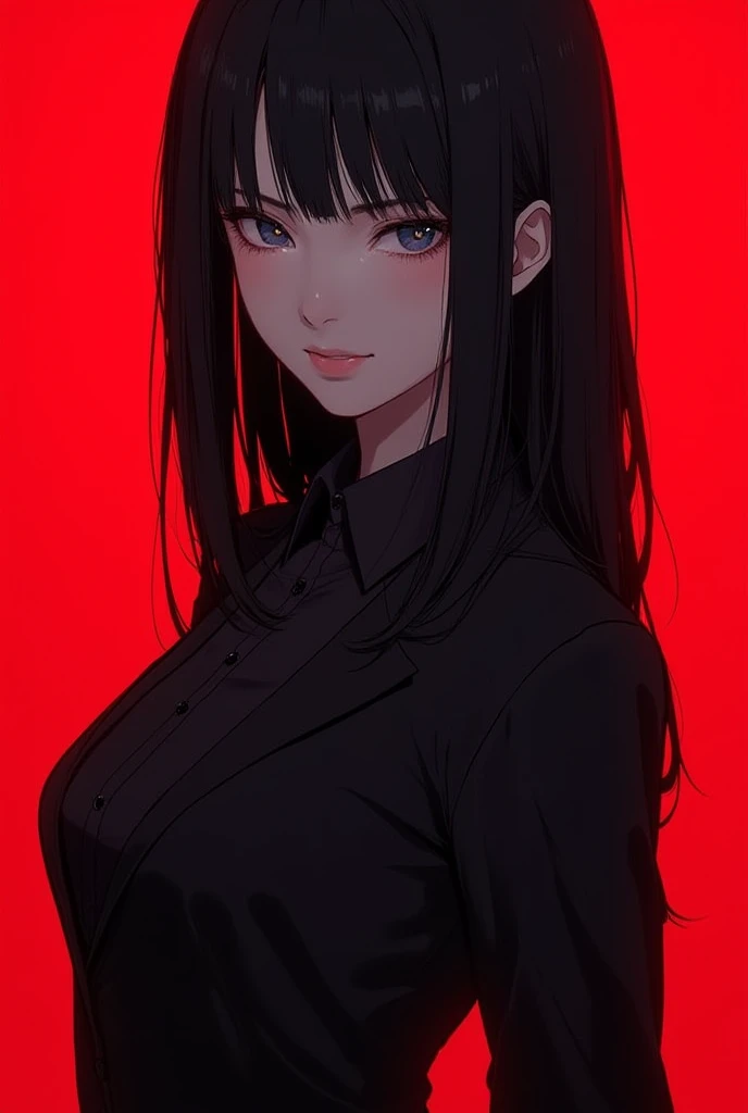 A woman with big, messy black hair, She is a Japanese, She wears a modern black suit and a black shirt she is very pretty ,2D art ,Ala is a murderer ,  and has a married look, She's as pretty as Tomie,  wallpaper, HD, red background ,blue eyes,pose sexy, F...