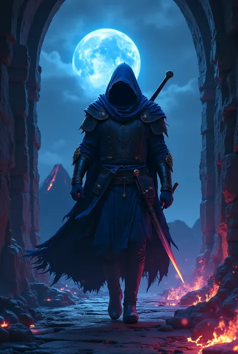 A warrior made of dark energies that look like dark blue and dark purple mist and flames. He has a cloak and his face is shadowed under the cloak, underneath his cloak he has a light armor made of leather and reinforced with dark black metal. He has a dark...