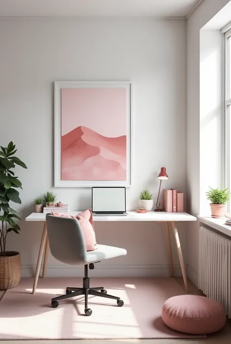 create the image of an office for one person,  using colors : therefore,  White , gray and rosé 