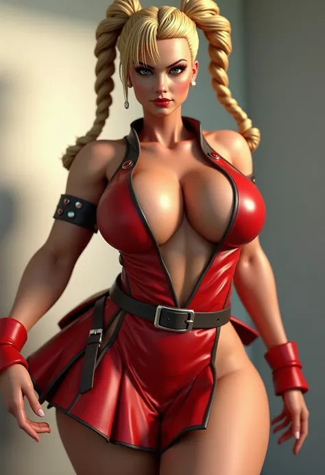 Nsfw seductive ultra detailed photo realistic 3D full body view of Cammy white looking at viewer with big boobs and a busty cleavage athletic figure flare skirt long platts 