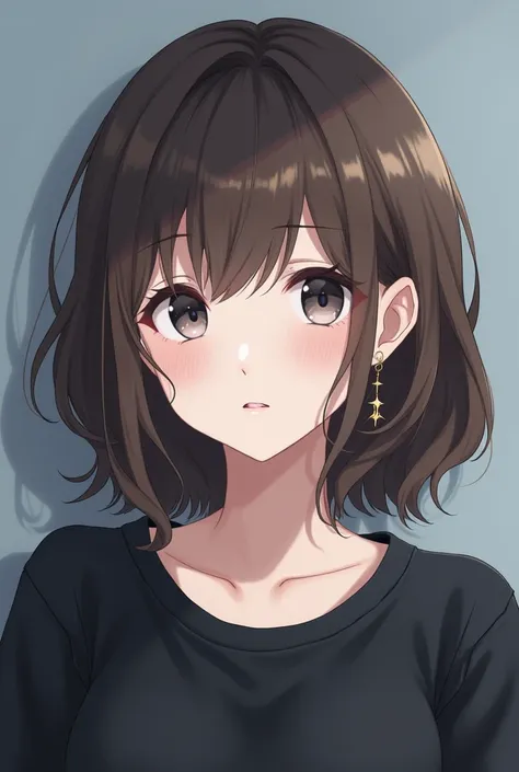 Give me an image of a girl with wavy brown hair ,  gray eyes,  white skin,  wearing a black sweatshirt and star earrings in the anime style of blue look let's see if I