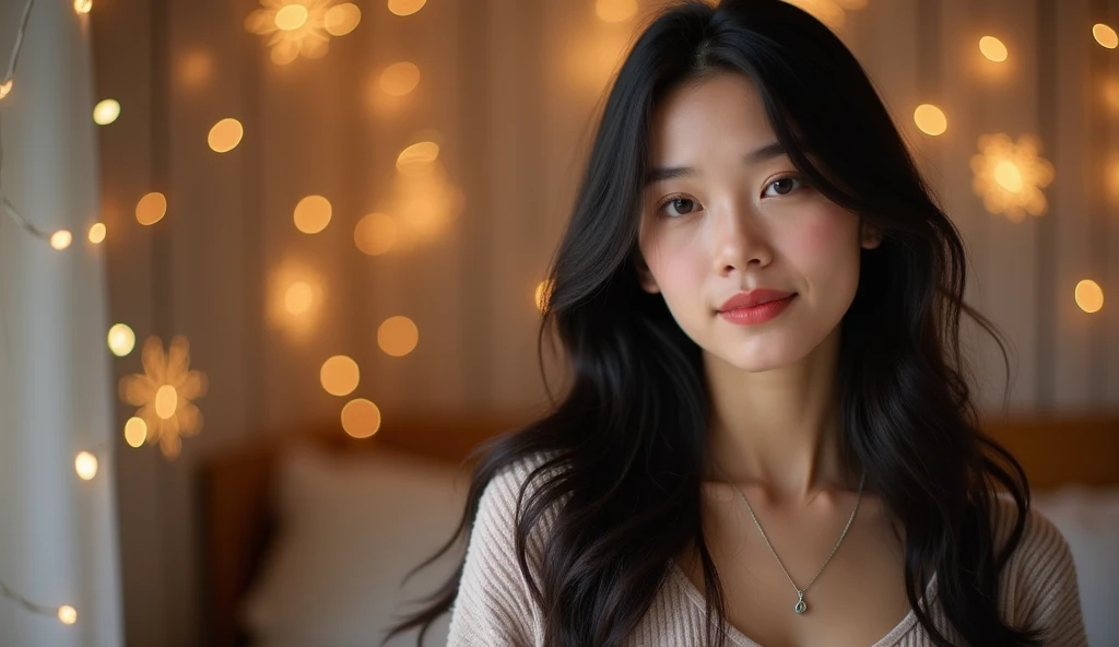 "A portrait of a young beautiful charming and attractive woman with long, wavy black hair, beautiful rosy cheeks, and red juicy lips standing against a lightly blurred holiday-themed background. The background a beautiful and well decorated bedroom feature...