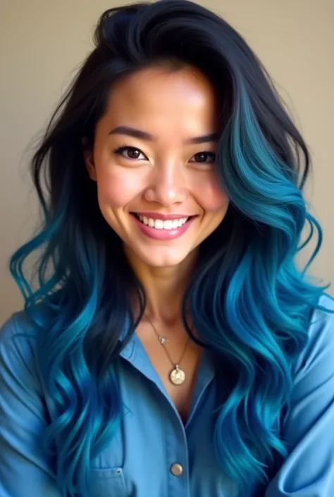  woman greeting , with long black hair and blue locks,  smiling,  dark brown eyes shirt,  blue shirt