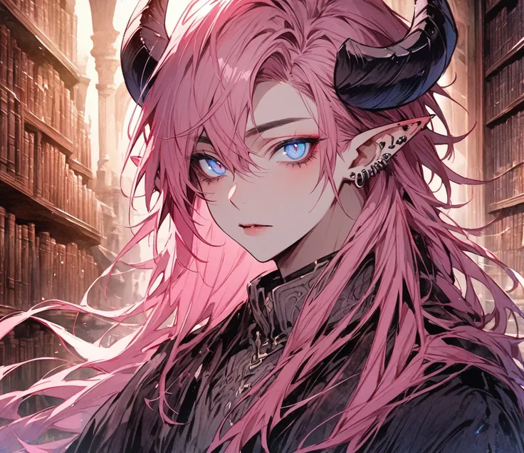 Solo, 1boy, boy, 21 year old, mature, pink hair, long hair, watercolor eyes, cat eyes, piercings, large demon horns, dragon tail, elf ears, beautiful color, high detail, detailed background, dark library, fantasy, Close-up, looking at viewer